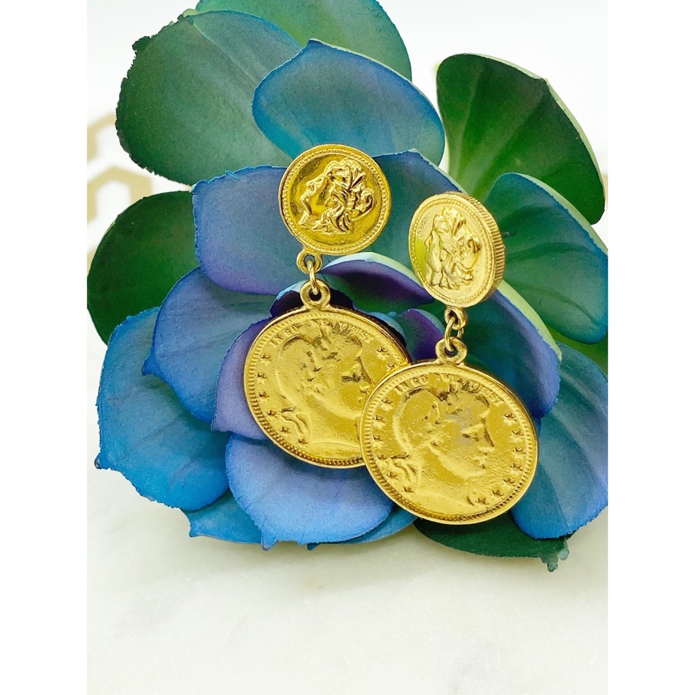 Vintage Coin Earrings Gold Tone